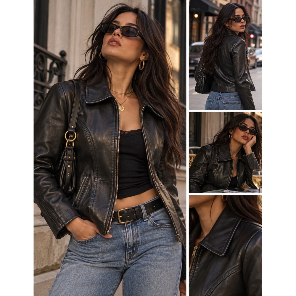 Y2K 2004 Casual Corner Women's Medium Thin Black Genuine Leather Full Zip Jacket